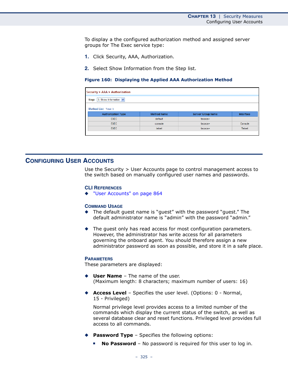 Configuring user accounts, User accounts | LevelOne GTL-2691 User Manual | Page 325 / 1644