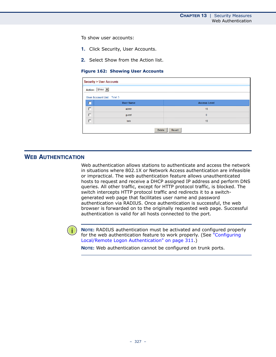 Web authentication, Figure 162: showing user accounts | LevelOne GTL-2691 User Manual | Page 327 / 1644