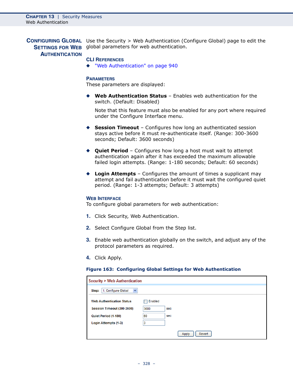 Configuring global settings for web authentication | LevelOne GTL-2691 User Manual | Page 328 / 1644