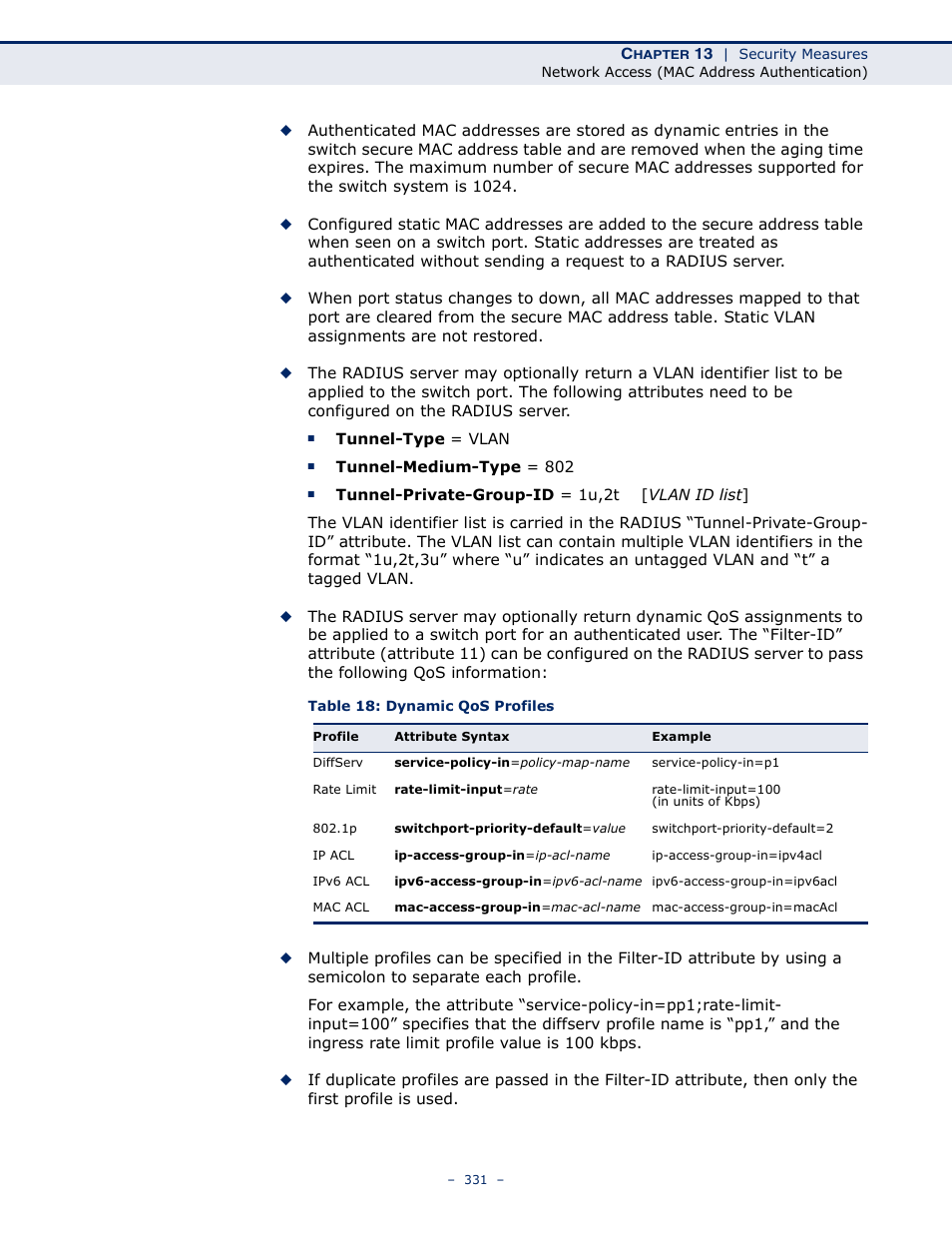 Table 18: dynamic qos profiles | LevelOne GTL-2691 User Manual | Page 331 / 1644