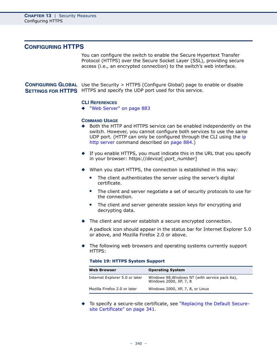 Configuring https, Configuring global settings for https, Table 19: https system support | Https | LevelOne GTL-2691 User Manual | Page 340 / 1644