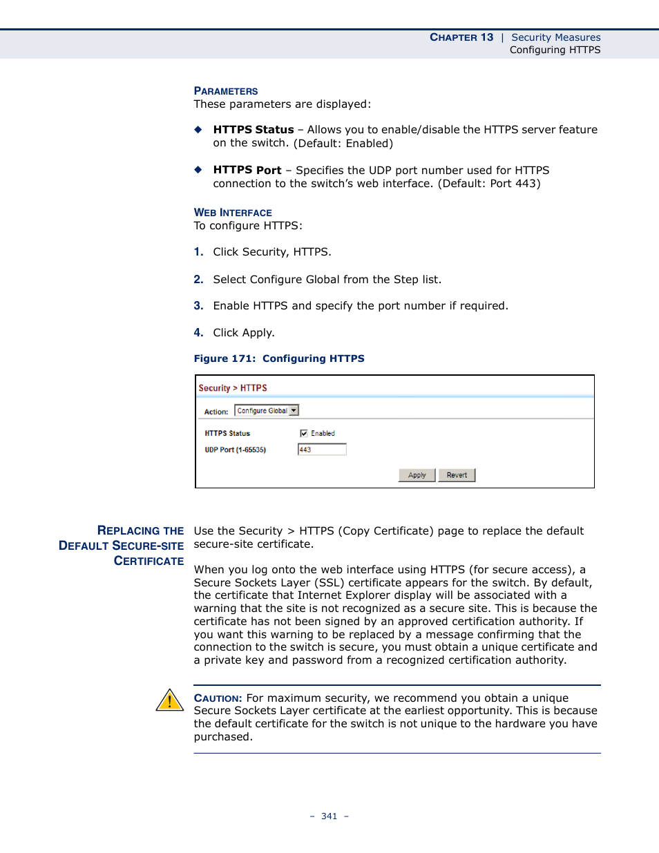 Replacing the default secure-site certificate, Figure 171: configuring https, Replacing the default secure | LevelOne GTL-2691 User Manual | Page 341 / 1644