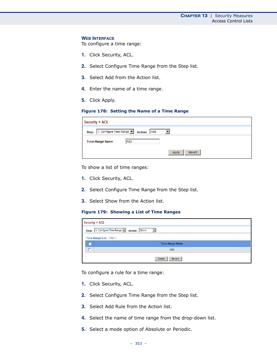 Figure 178: setting the name of a time range, Figure 179: showing a list of time ranges | LevelOne GTL-2691 User Manual | Page 353 / 1644