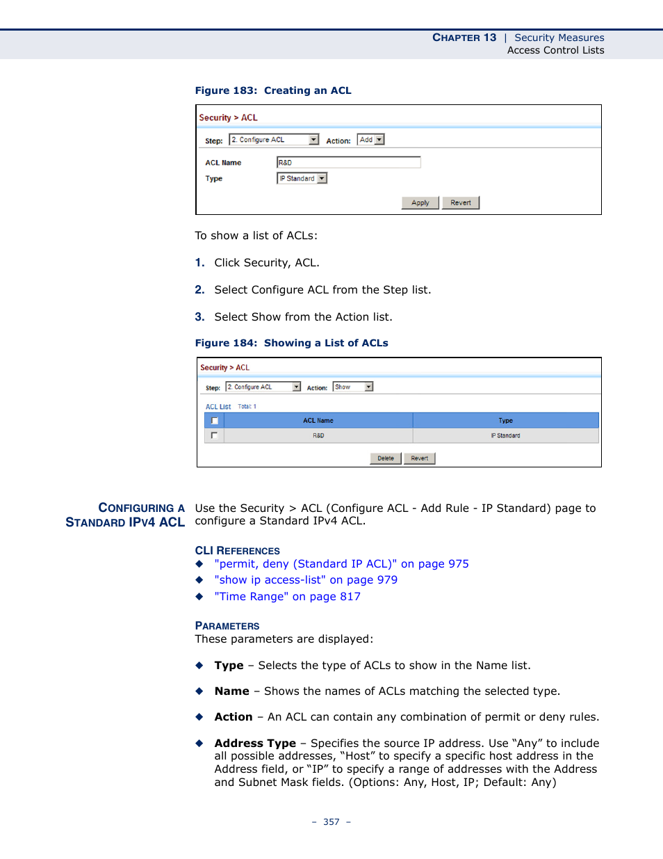 Configuring a standard ipv4 acl, Figure 183: creating an acl, Figure 184: showing a list of acls | LevelOne GTL-2691 User Manual | Page 357 / 1644