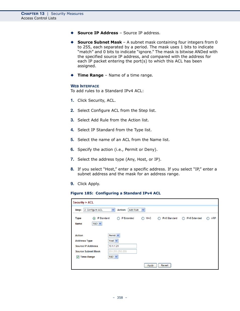 Figure 185: configuring a standard ipv4 acl | LevelOne GTL-2691 User Manual | Page 358 / 1644