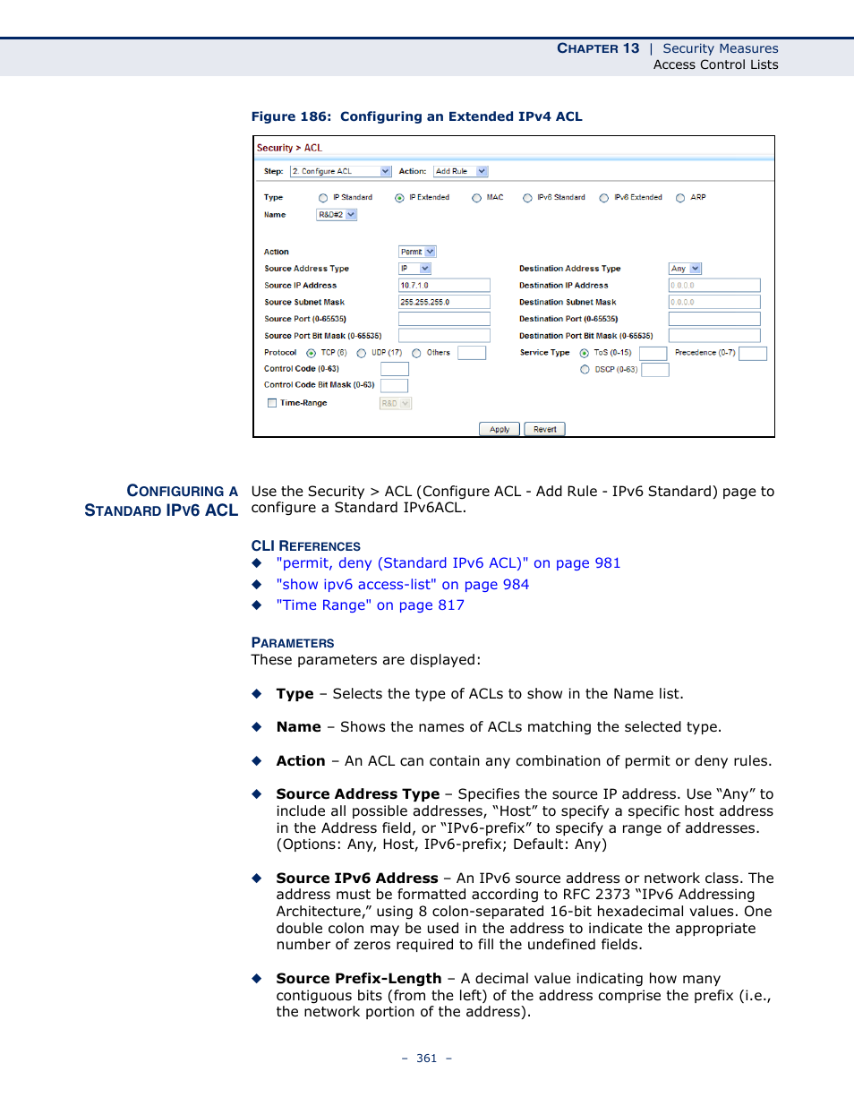 Configuring a standard ipv6 acl, Figure 186: configuring an extended ipv4 acl | LevelOne GTL-2691 User Manual | Page 361 / 1644