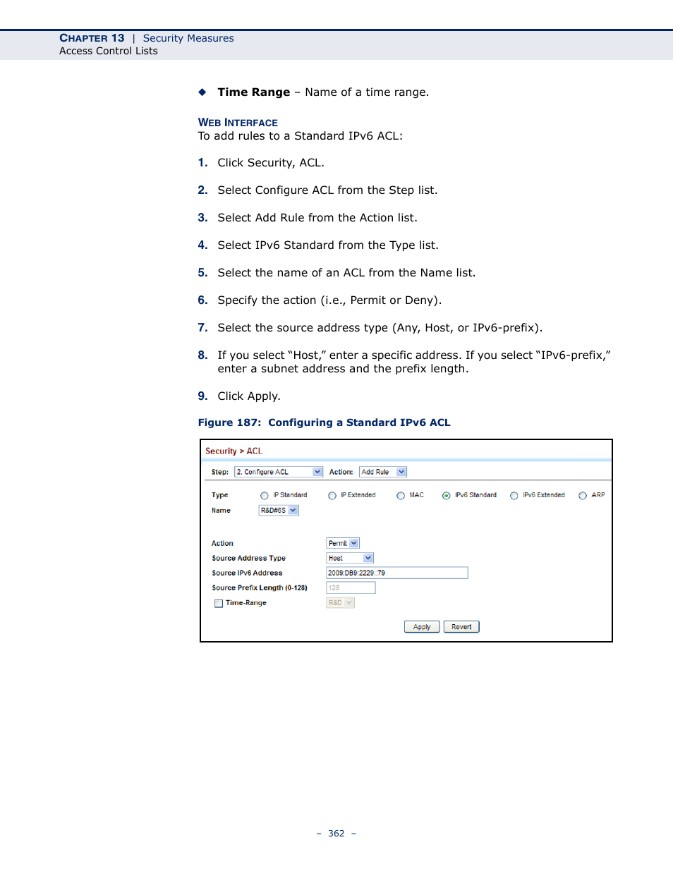 Figure 187: configuring a standard ipv6 acl | LevelOne GTL-2691 User Manual | Page 362 / 1644