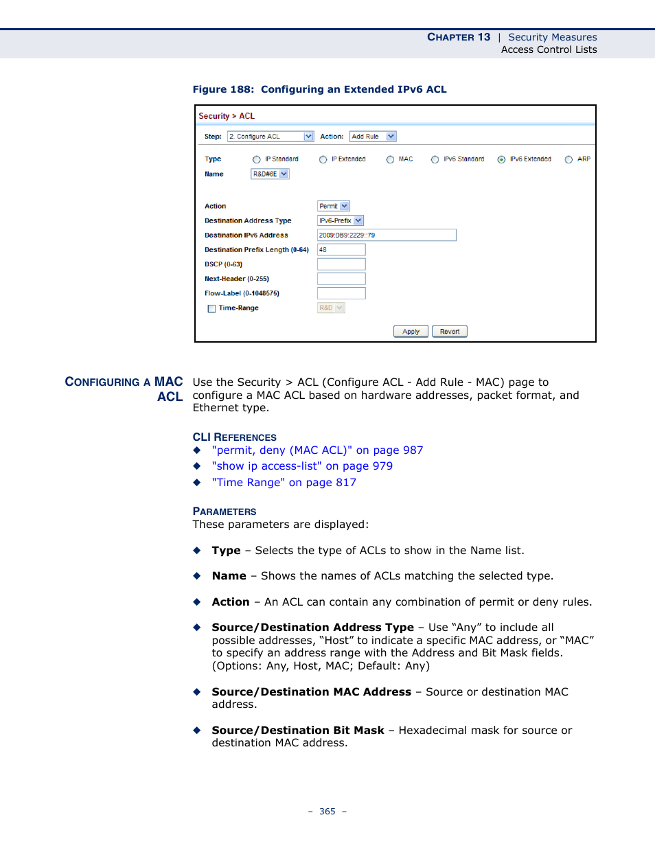 Configuring a mac acl, Figure 188: configuring an extended ipv6 acl | LevelOne GTL-2691 User Manual | Page 365 / 1644