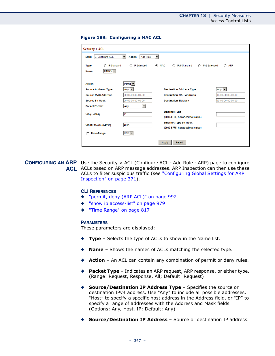 Configuring an arp acl, Figure 189: configuring a mac acl | LevelOne GTL-2691 User Manual | Page 367 / 1644