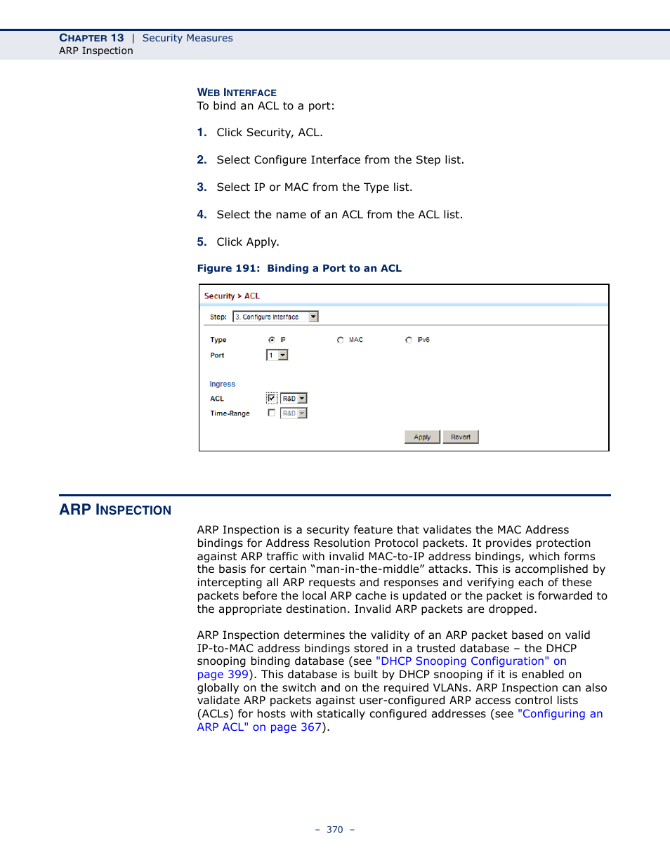 Arp inspection, Figure 191: binding a port to an acl, Arp i | LevelOne GTL-2691 User Manual | Page 370 / 1644