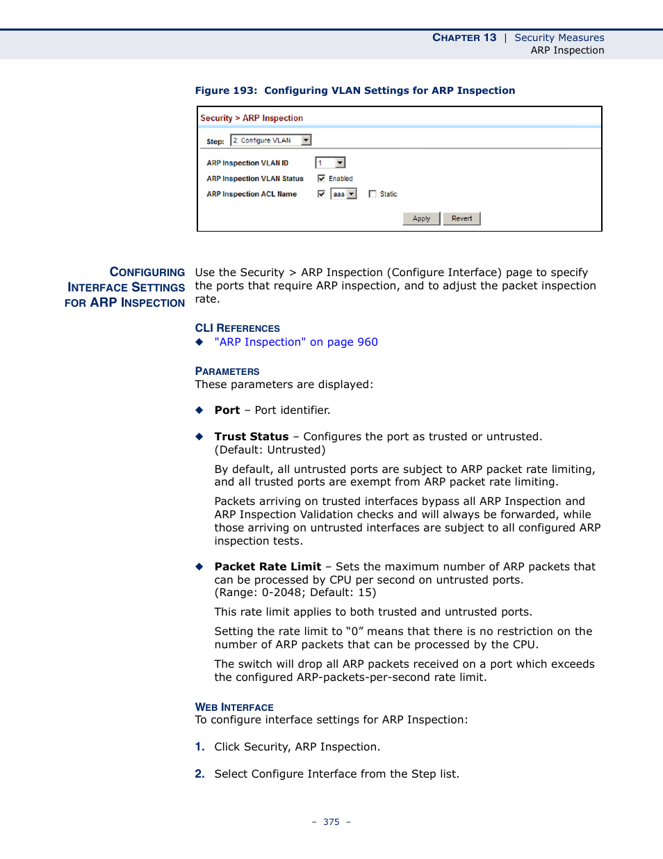 Configuring interface settings for arp inspection | LevelOne GTL-2691 User Manual | Page 375 / 1644