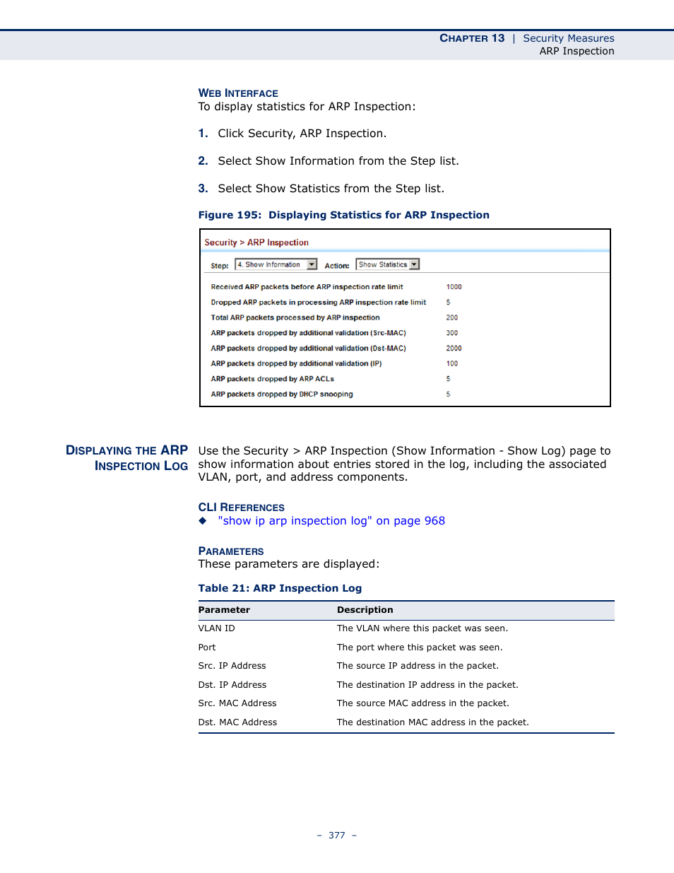 Displaying the arp inspection log, Table 21: arp inspection log, Arp i | LevelOne GTL-2691 User Manual | Page 377 / 1644