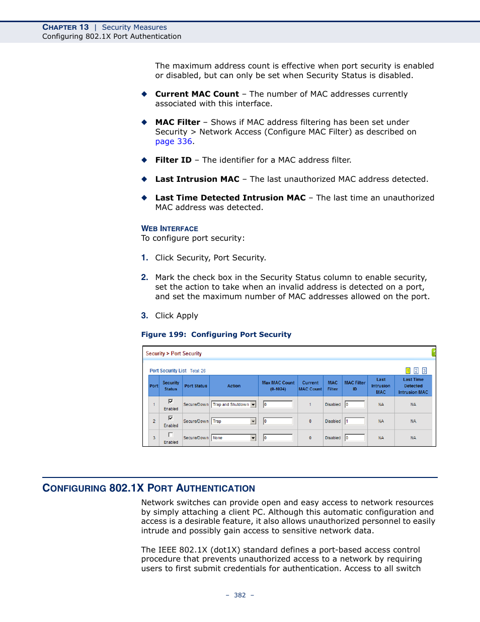 Configuring 802.1x port authentication, Figure 199: configuring port security, Port authentication | 1x p | LevelOne GTL-2691 User Manual | Page 382 / 1644