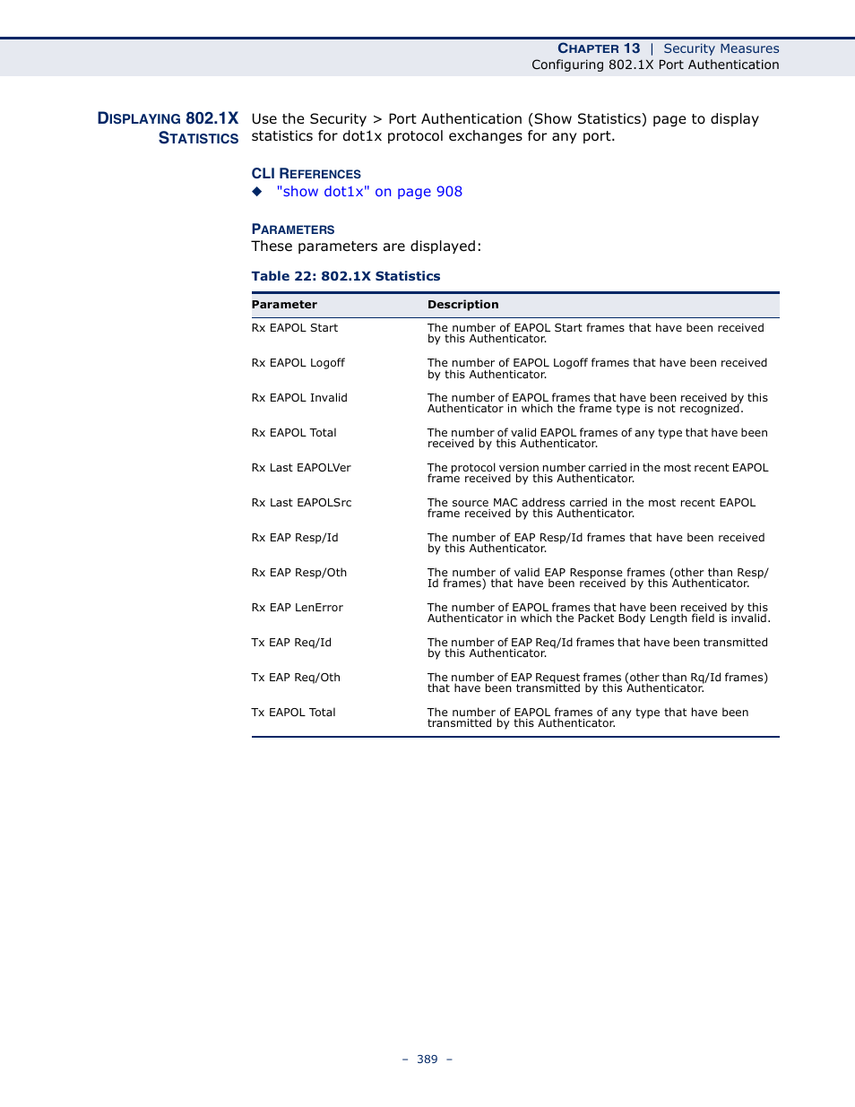 Displaying 802.1x statistics, Table 22: 802.1x statistics, 1x s | LevelOne GTL-2691 User Manual | Page 389 / 1644