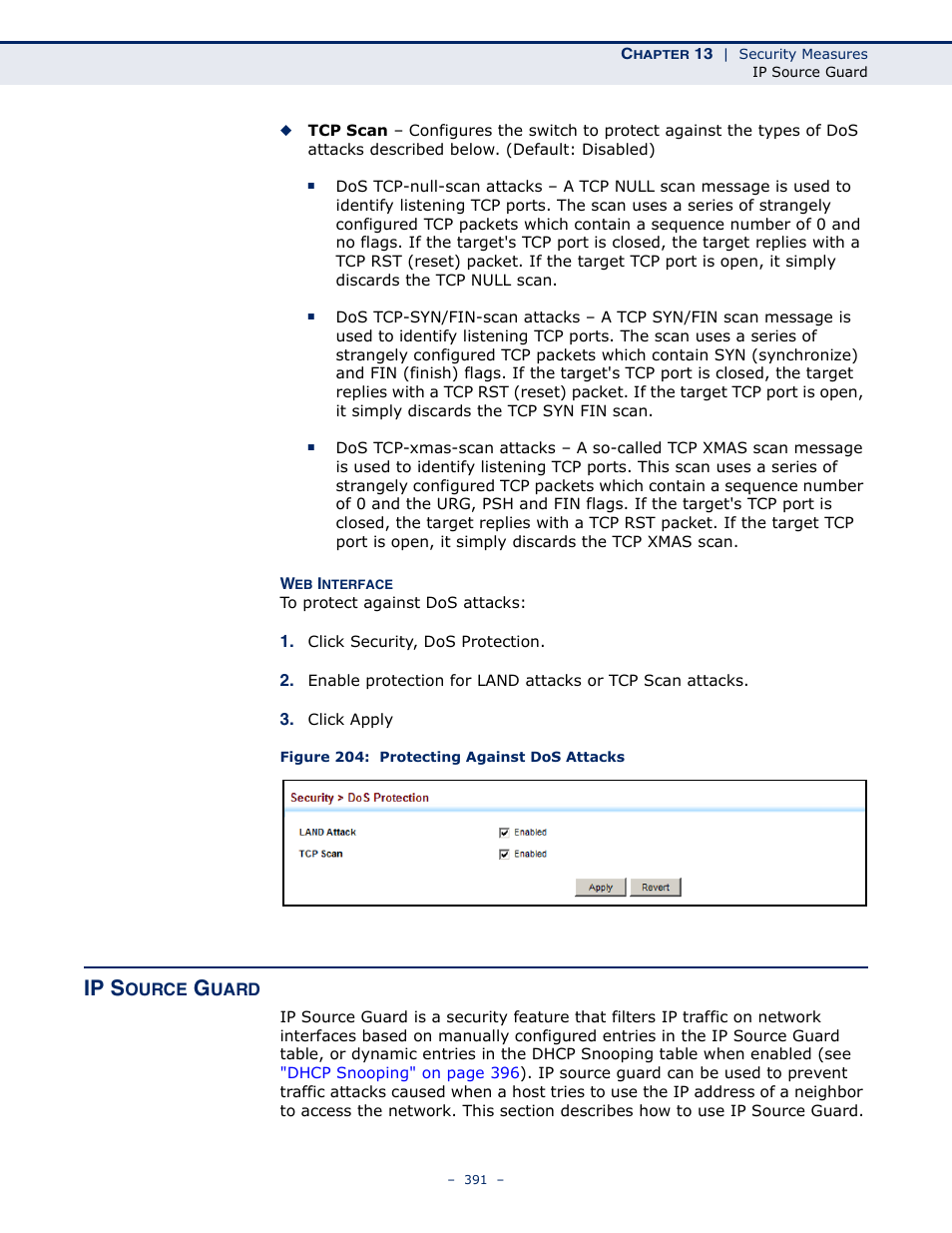 Ip source guard, Figure 204: protecting against dos attacks, Ip s | LevelOne GTL-2691 User Manual | Page 391 / 1644