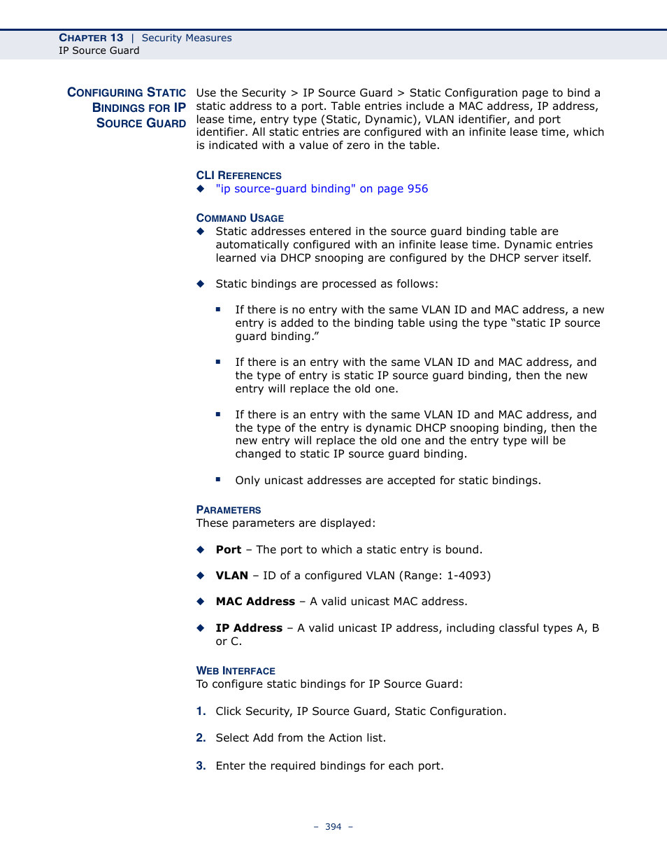 Configuring static bindings for ip source guard, Configuring | LevelOne GTL-2691 User Manual | Page 394 / 1644