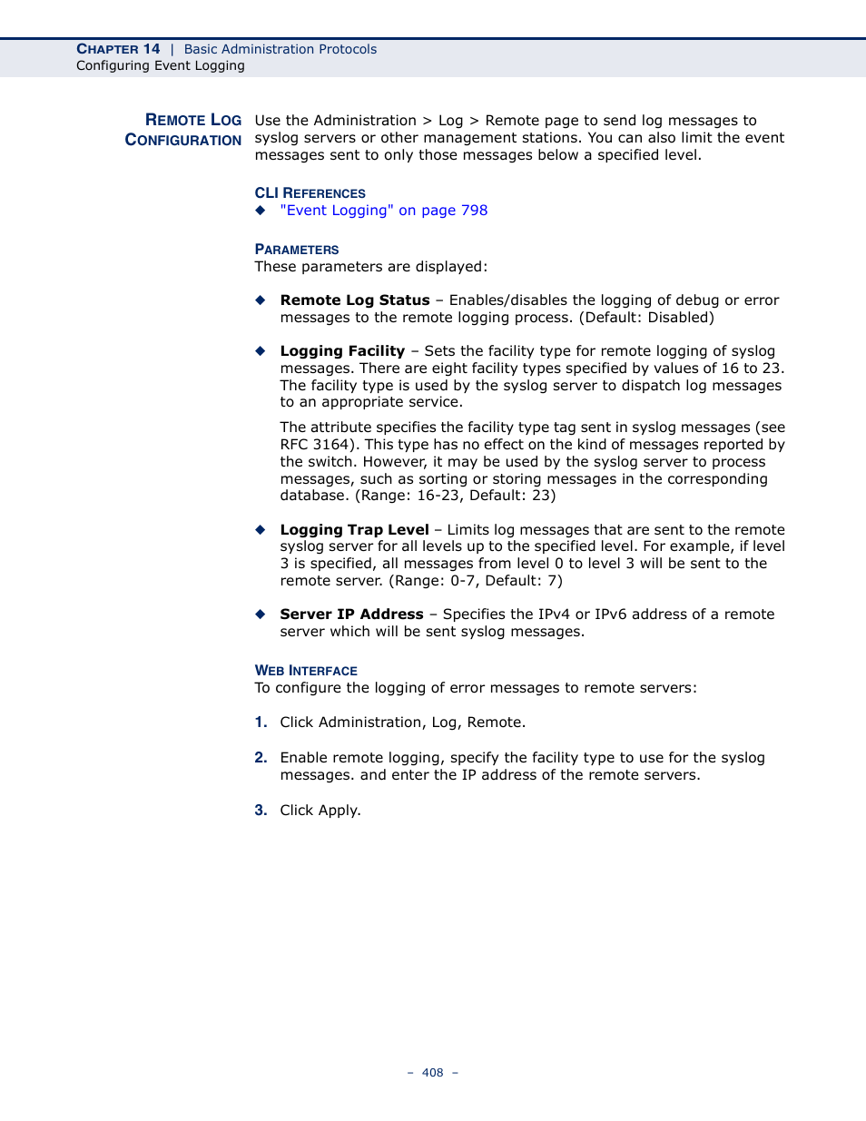 Remote log configuration | LevelOne GTL-2691 User Manual | Page 408 / 1644