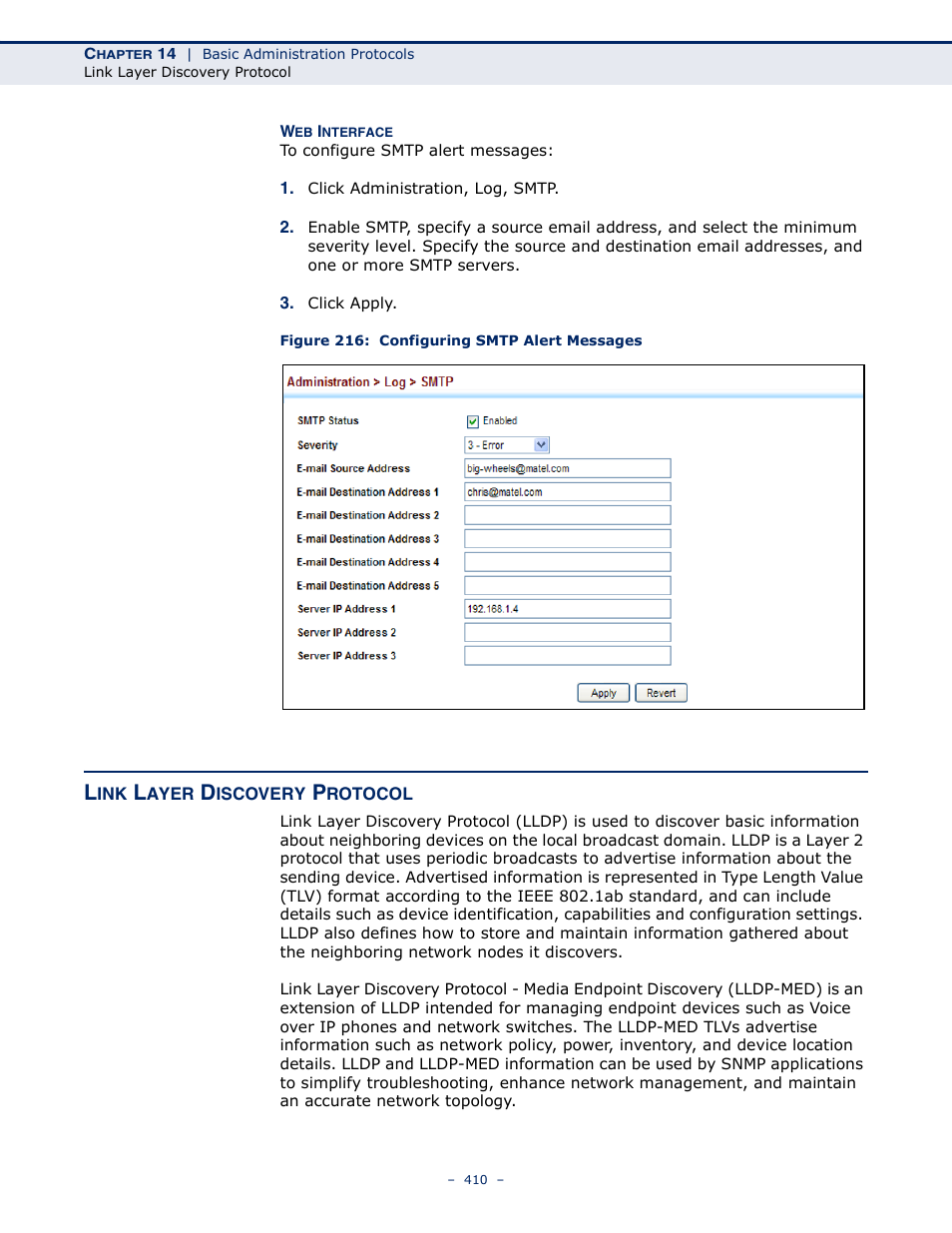 Link layer discovery protocol, Figure 216: configuring smtp alert messages, Link layer discovery protocol (lldp) | LevelOne GTL-2691 User Manual | Page 410 / 1644