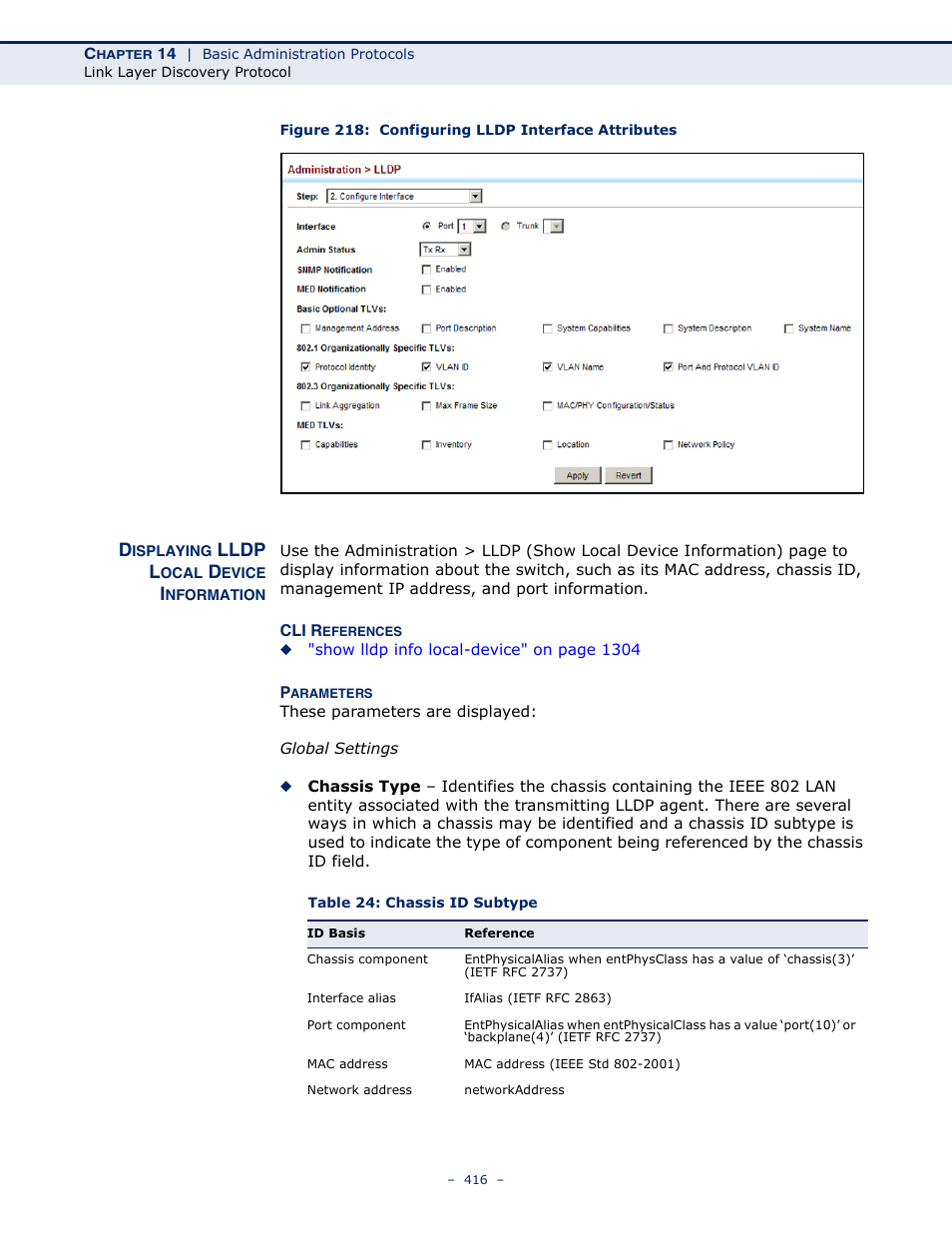 Displaying lldp local device information, Figure 218: configuring lldp interface attributes, Table 24: chassis id subtype | Lldp l | LevelOne GTL-2691 User Manual | Page 416 / 1644