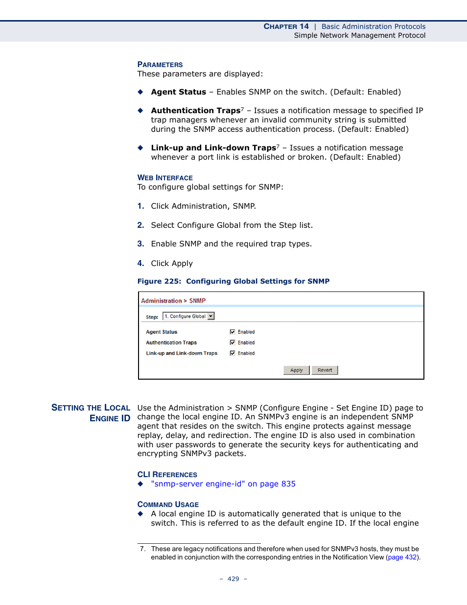 Setting the local engine id, Figure 225: configuring global settings for snmp | LevelOne GTL-2691 User Manual | Page 429 / 1644