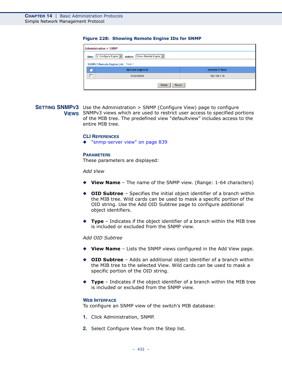 Setting snmpv3 views, Figure 228: showing remote engine ids for snmp | LevelOne GTL-2691 User Manual | Page 432 / 1644