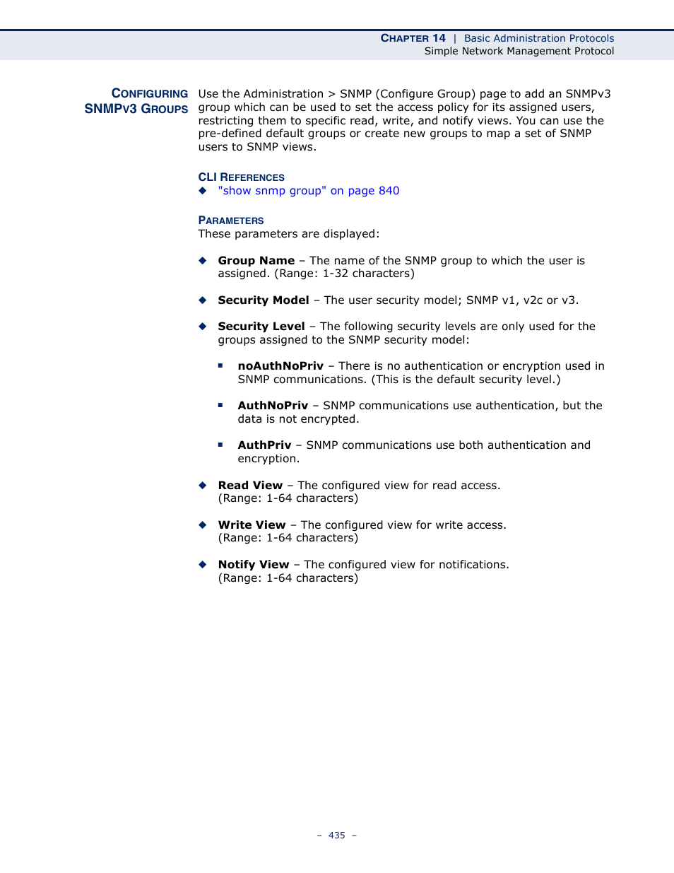 Configuring snmpv3 groups, Snmp | LevelOne GTL-2691 User Manual | Page 435 / 1644