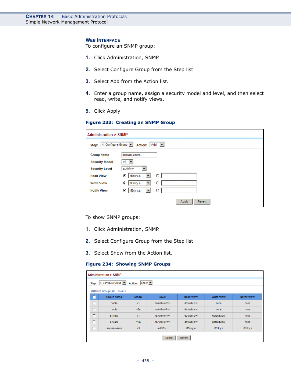 Figure 233: creating an snmp group, Figure 234: showing snmp groups | LevelOne GTL-2691 User Manual | Page 438 / 1644