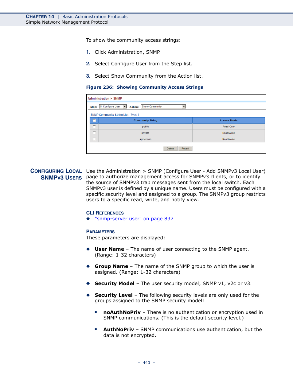 Configuring local snmpv3 users, Figure 236: showing community access strings | LevelOne GTL-2691 User Manual | Page 440 / 1644