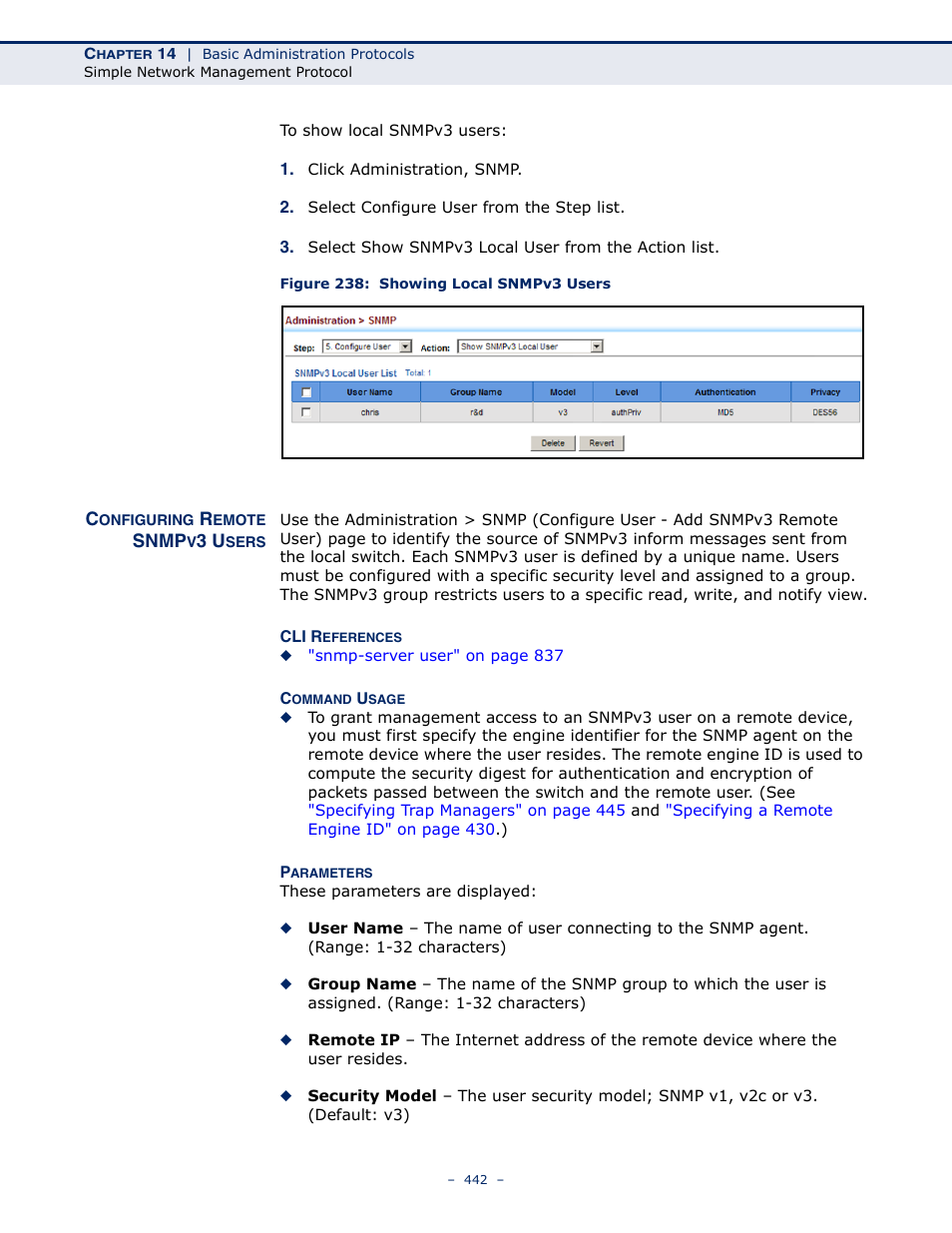 Configuring remote snmpv3 users, Figure 238: showing local snmpv3 users | LevelOne GTL-2691 User Manual | Page 442 / 1644