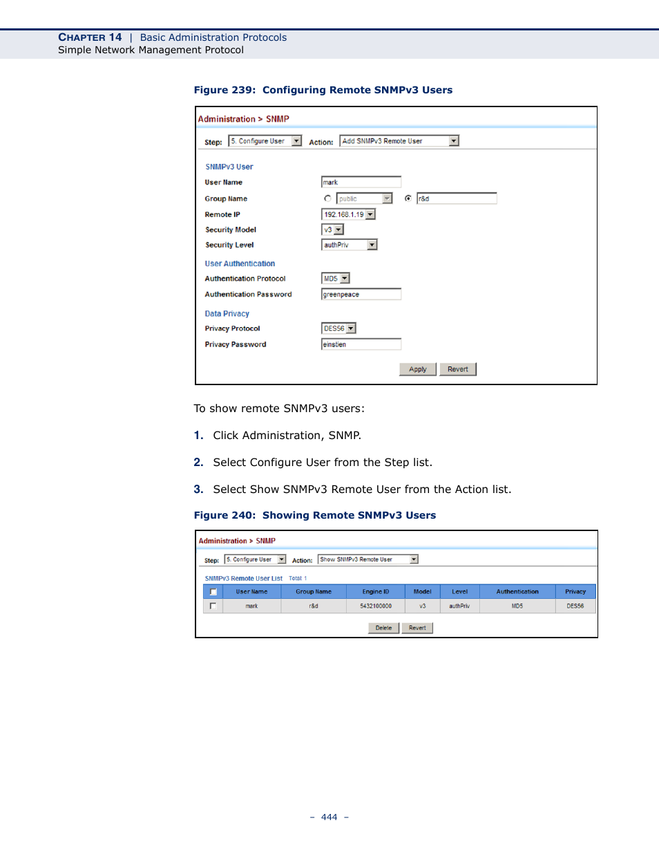 Figure 239: configuring remote snmpv3 users, Figure 240: showing remote snmpv3 users | LevelOne GTL-2691 User Manual | Page 444 / 1644