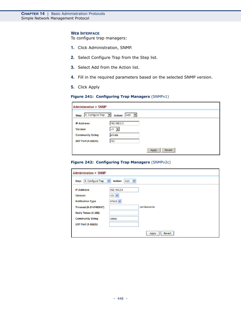 Figure 241: configuring trap managers (snmpv1), Figure 242: configuring trap managers (snmpv2c) | LevelOne GTL-2691 User Manual | Page 448 / 1644