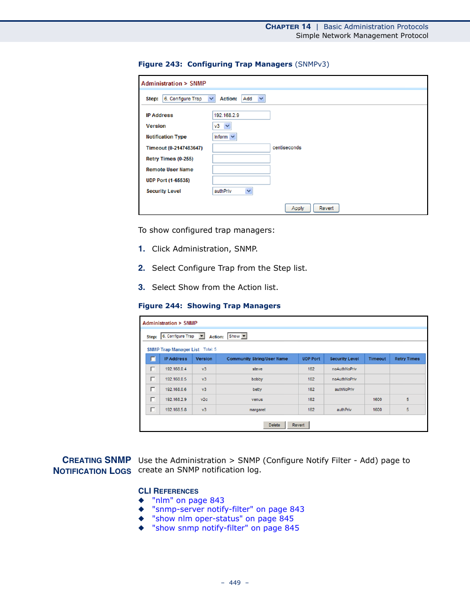 Creating snmp notification logs, Figure 243: configuring trap managers (snmpv3), Figure 244: showing trap managers | LevelOne GTL-2691 User Manual | Page 449 / 1644