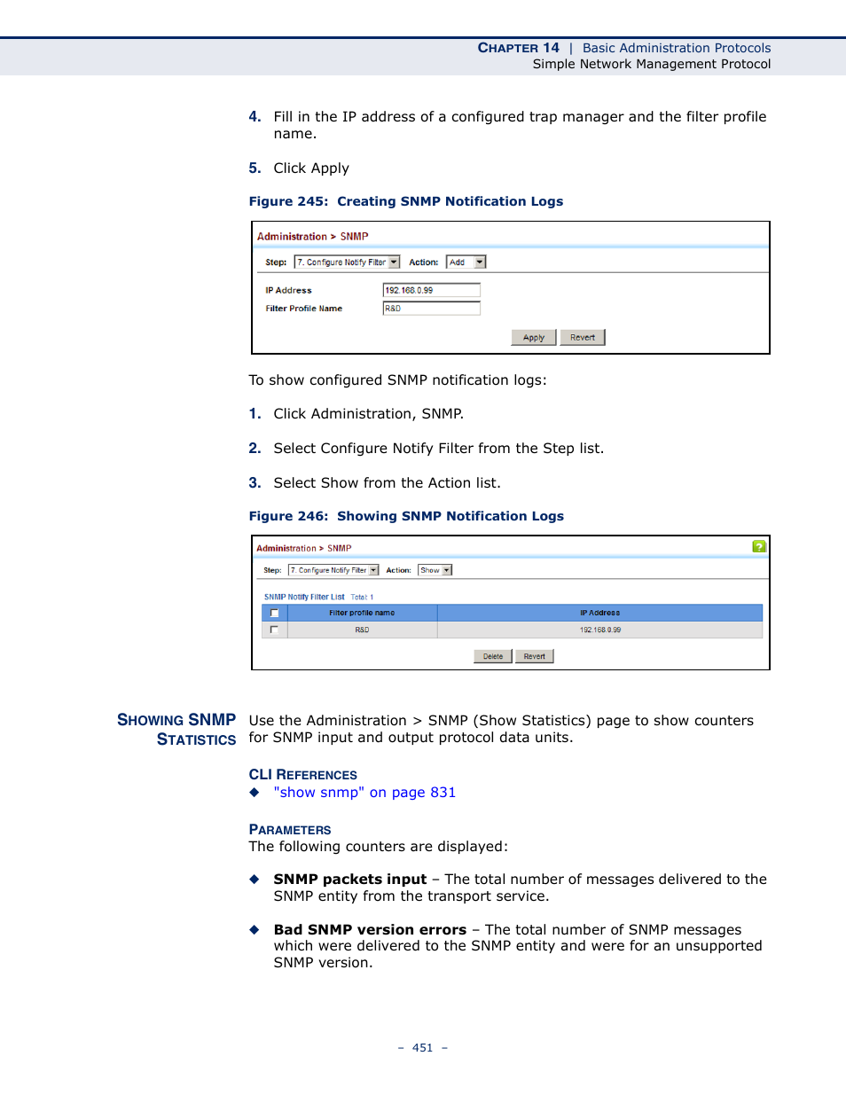 Showing snmp statistics, Figure 245: creating snmp notification logs, Figure 246: showing snmp notification logs | LevelOne GTL-2691 User Manual | Page 451 / 1644