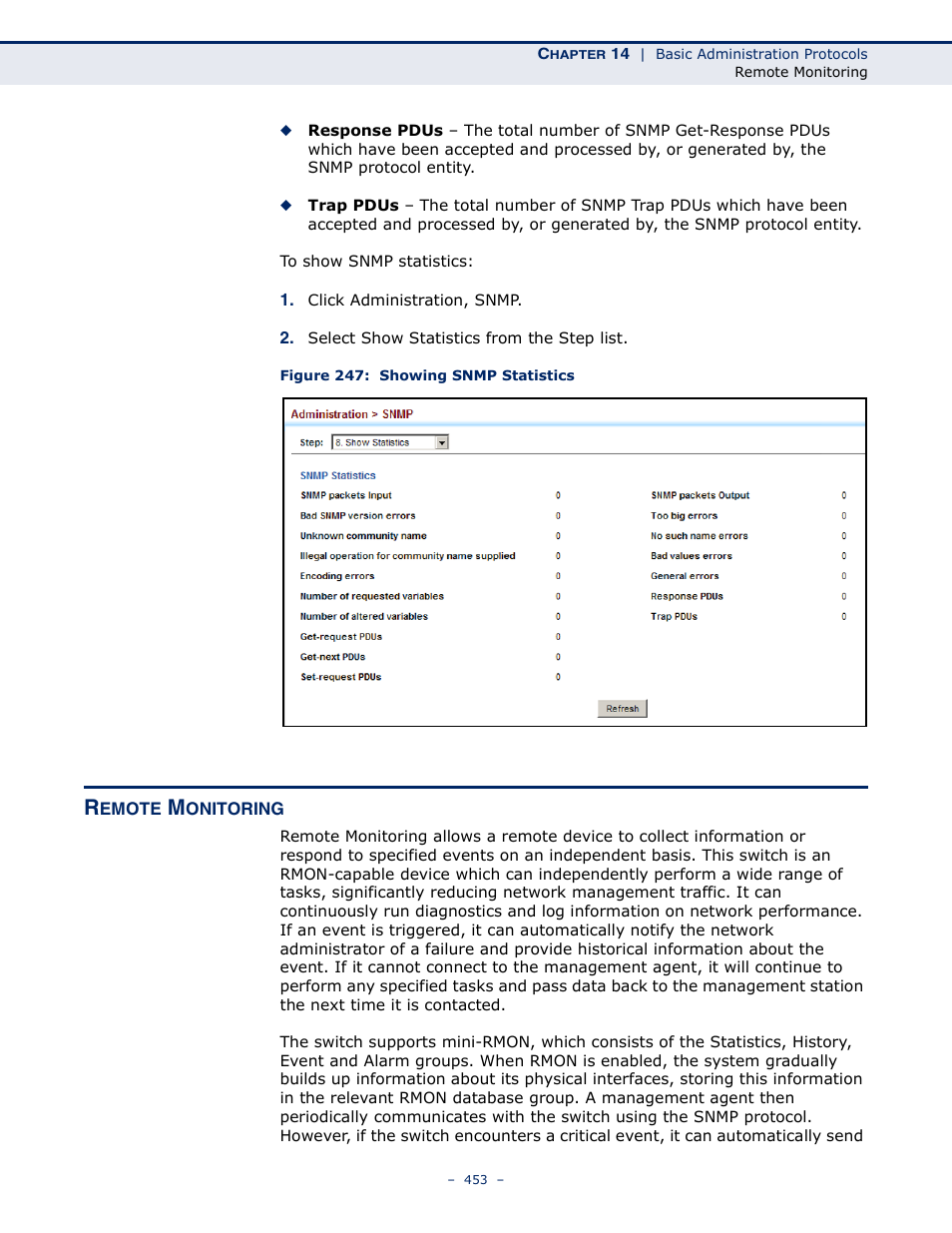 Remote monitoring, Figure 247: showing snmp statistics, Remote monitoring (rmon) | LevelOne GTL-2691 User Manual | Page 453 / 1644