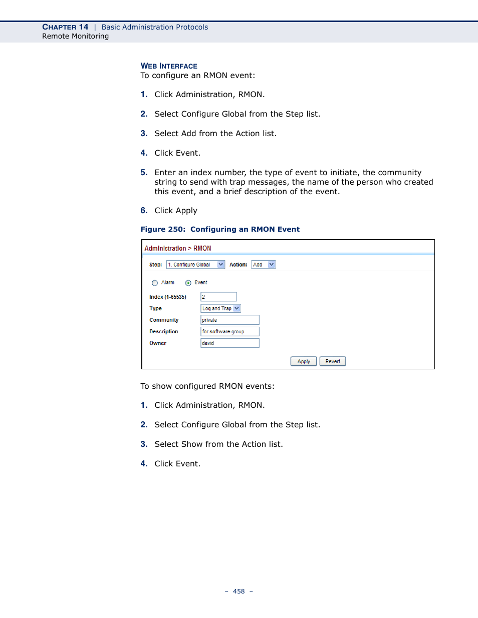 Figure 250: configuring an rmon event | LevelOne GTL-2691 User Manual | Page 458 / 1644