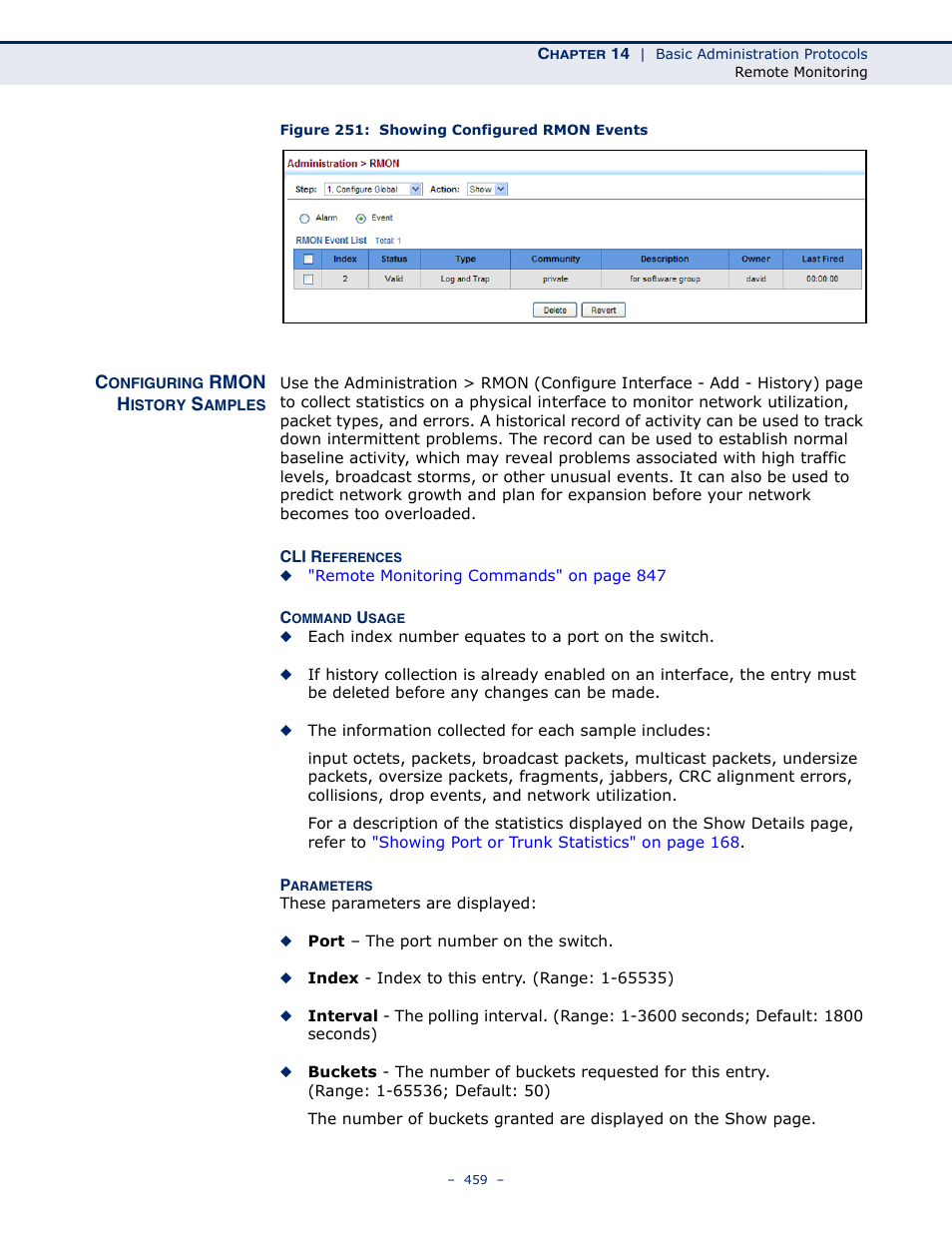 Configuring rmon history samples, Figure 251: showing configured rmon events | LevelOne GTL-2691 User Manual | Page 459 / 1644