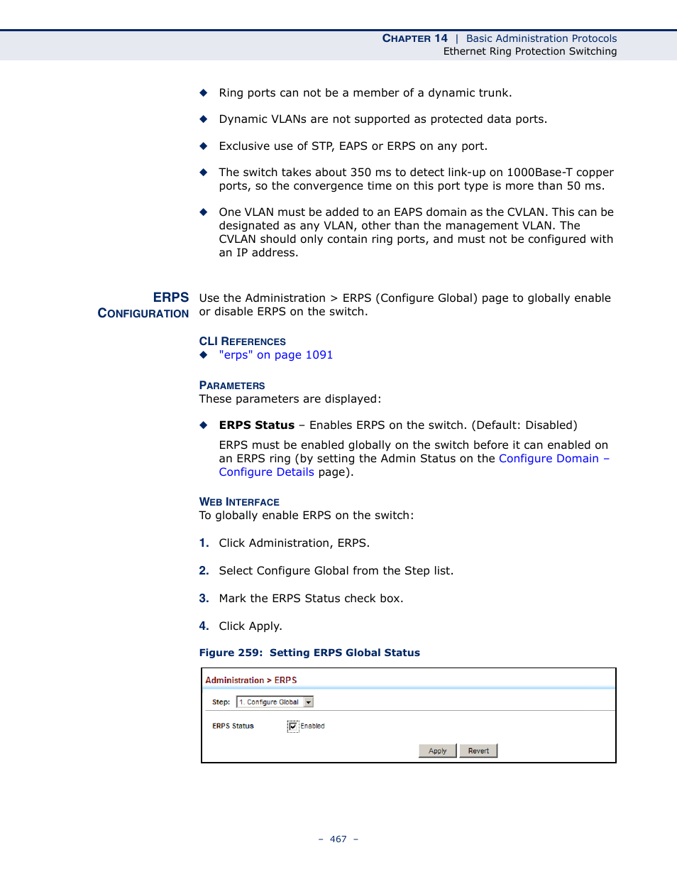 Erps configuration, Figure 259: setting erps global status, Configure global | LevelOne GTL-2691 User Manual | Page 467 / 1644