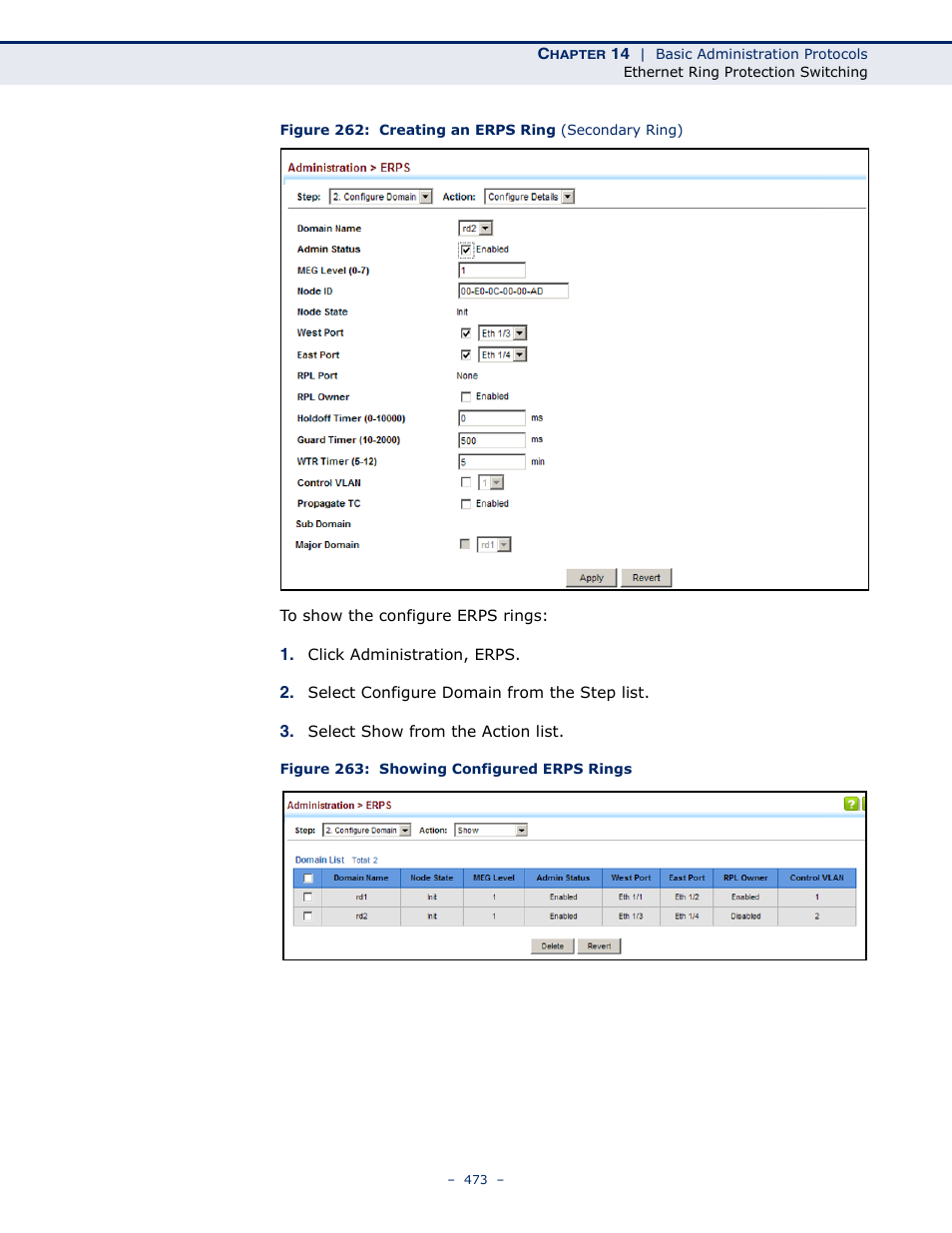 Figure 262: creating an erps ring (secondary ring), Figure 263: showing configured erps rings | LevelOne GTL-2691 User Manual | Page 473 / 1644