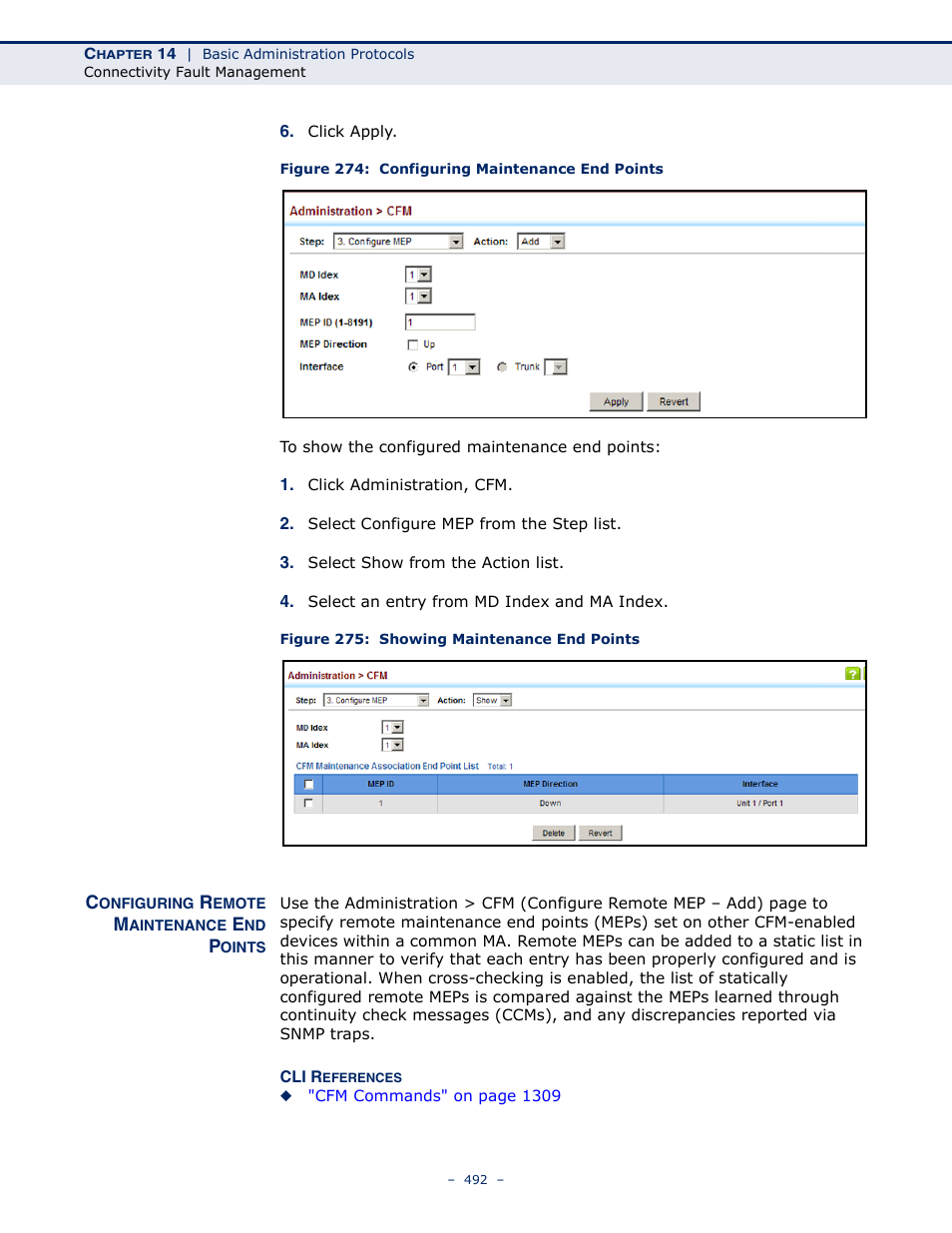 Configuring remote maintenance end points, Figure 274: configuring maintenance end points, Figure 275: showing maintenance end points | Configuring, Remote maintenance end points, Against the, Configuring remote maintenance end points" on, Configuring remote maintenance end, Points | LevelOne GTL-2691 User Manual | Page 492 / 1644