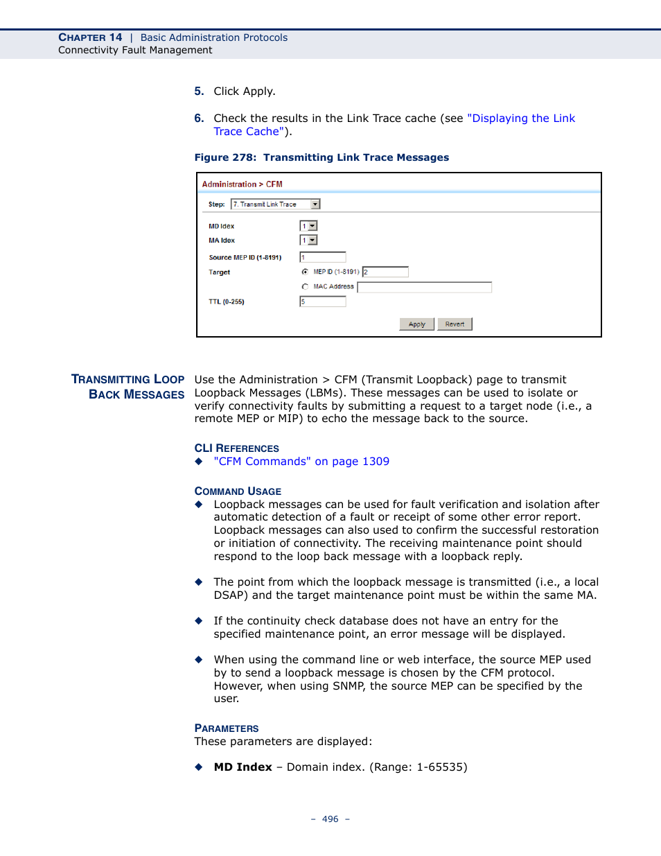 Transmitting loop back messages, Figure 278: transmitting link trace messages | LevelOne GTL-2691 User Manual | Page 496 / 1644