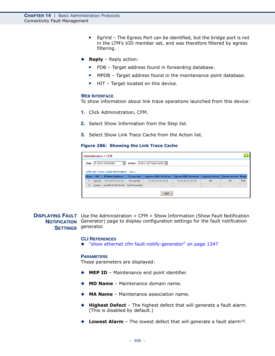 Displaying fault notification settings, Figure 286: showing the link trace cache, Displaying fault notification | Settings | LevelOne GTL-2691 User Manual | Page 508 / 1644
