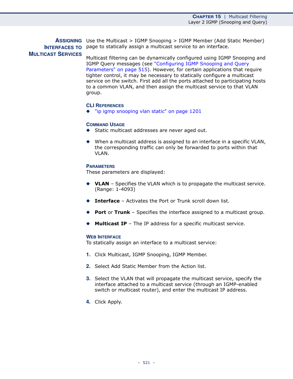 Assigning interfaces to multicast services | LevelOne GTL-2691 User Manual | Page 521 / 1644