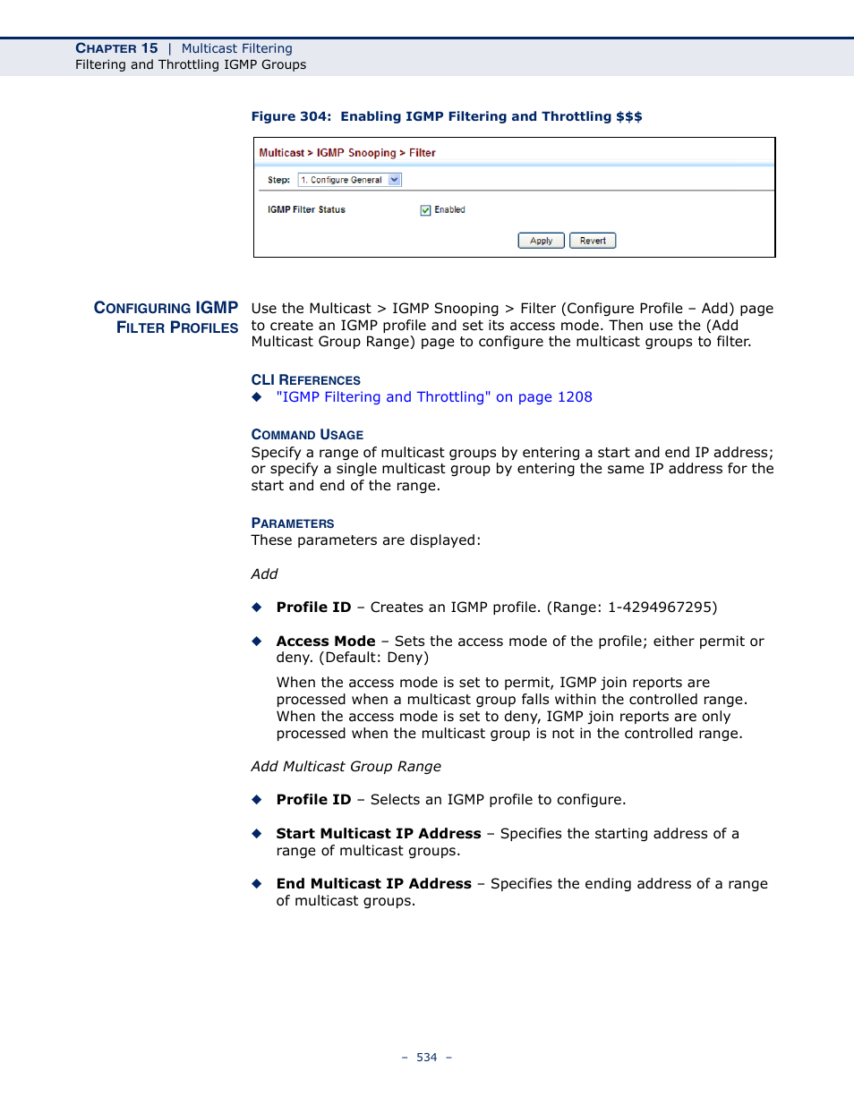 Configuring igmp filter profiles, Figure 304: enabling igmp filtering and throttling | LevelOne GTL-2691 User Manual | Page 534 / 1644