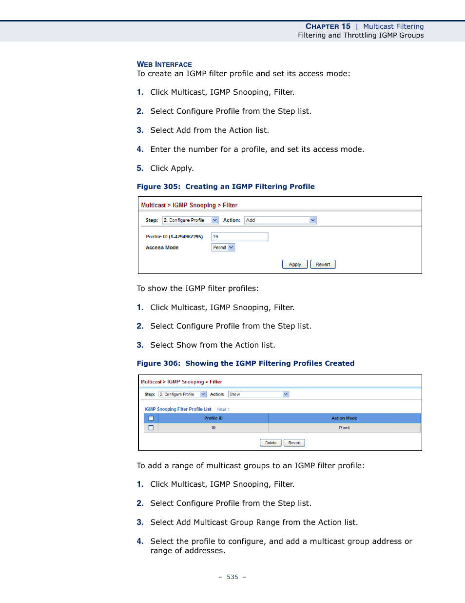 Figure 305: creating an igmp filtering profile | LevelOne GTL-2691 User Manual | Page 535 / 1644