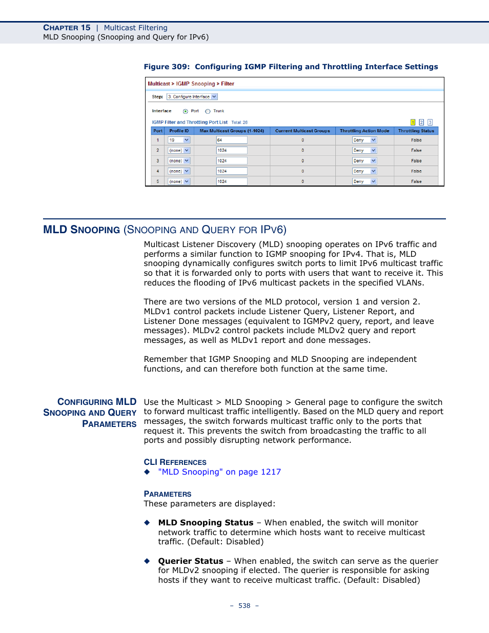 Mld snooping (snooping and query for ipv6), Configuring mld snooping and query parameters, Mld snooping | Mld s | LevelOne GTL-2691 User Manual | Page 538 / 1644