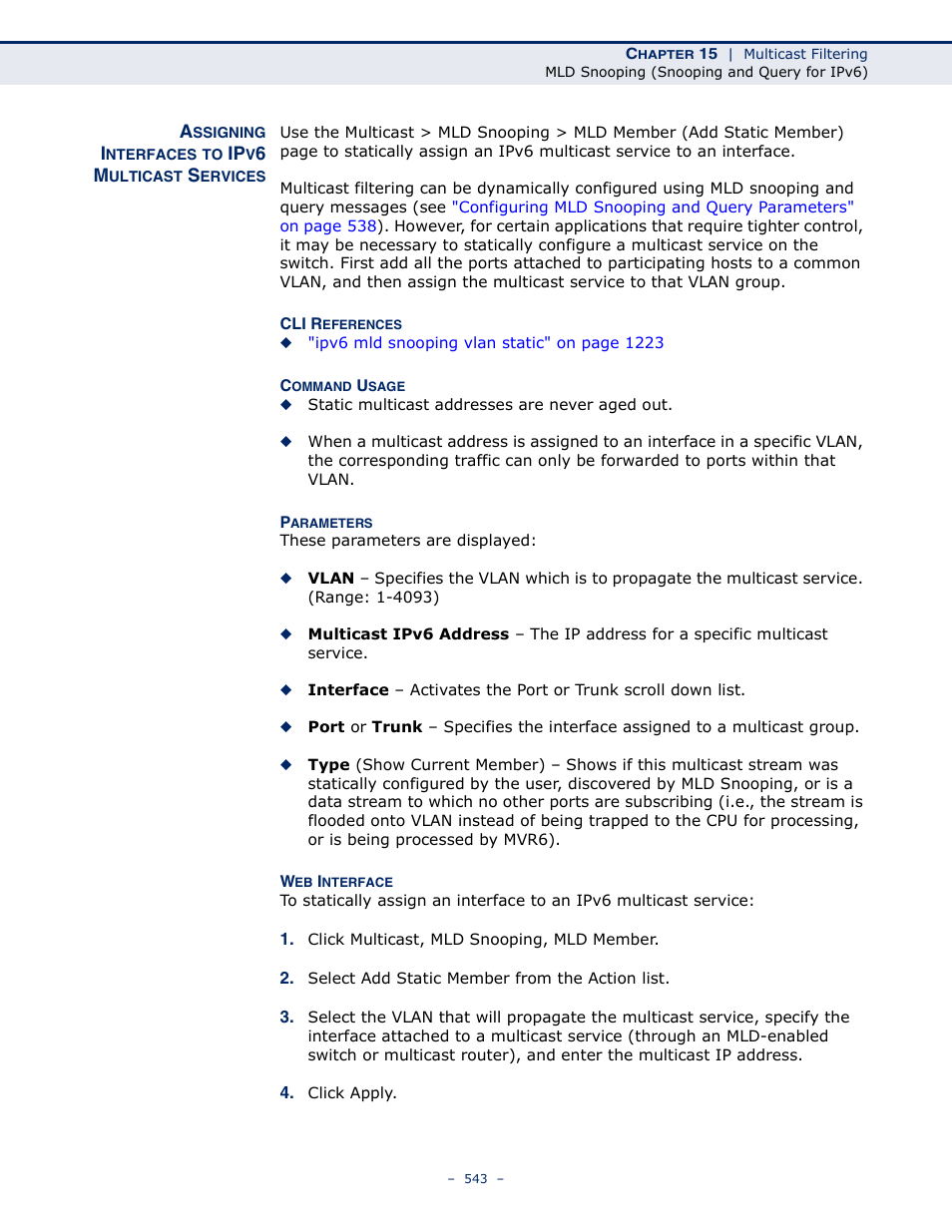 Assigning interfaces to ipv6 multicast services | LevelOne GTL-2691 User Manual | Page 543 / 1644