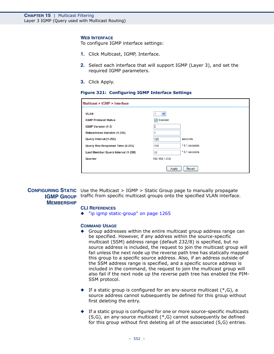Configuring static igmp group membership, Figure 321: configuring igmp interface settings | LevelOne GTL-2691 User Manual | Page 552 / 1644