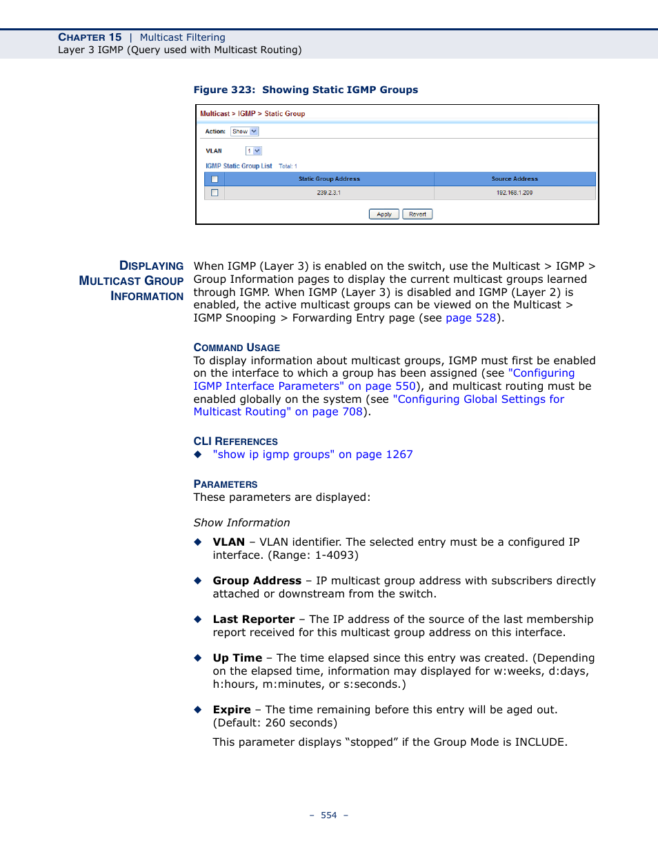 Displaying multicast group information, Figure 323: showing static igmp groups | LevelOne GTL-2691 User Manual | Page 554 / 1644