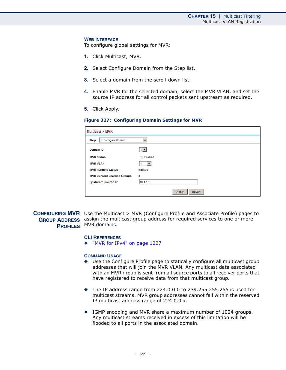 Configuring mvr group address profiles, Figure 327: configuring domain settings for mvr, Configuring mvr group address profiles" on | LevelOne GTL-2691 User Manual | Page 559 / 1644
