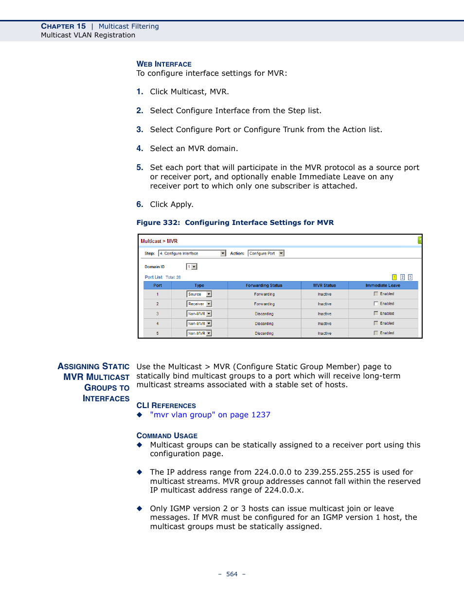 Figure 332: configuring interface settings for mvr, Assigning static mvr | LevelOne GTL-2691 User Manual | Page 564 / 1644